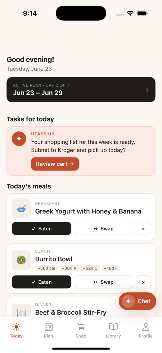 The Today tab, showing the meals planned for today with the option to mark one cooked.