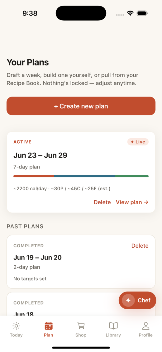 The Plan tab, showing a week of meal slots that can be filled, swapped or skipped.