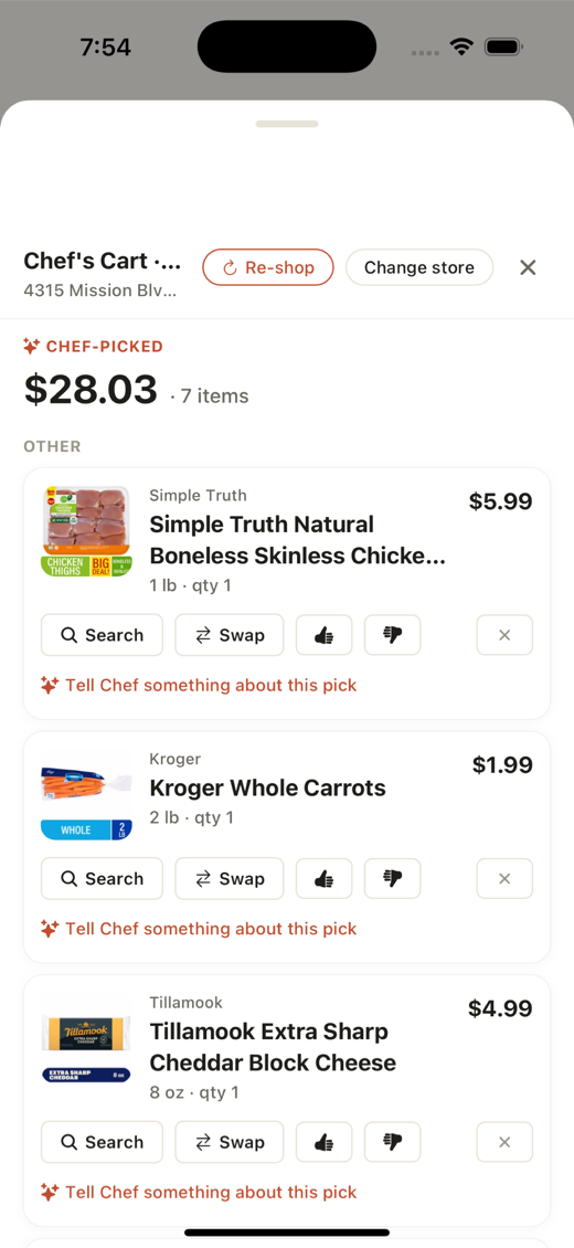 The Shop tab, showing a grocery list grouped by aisle with quantities.