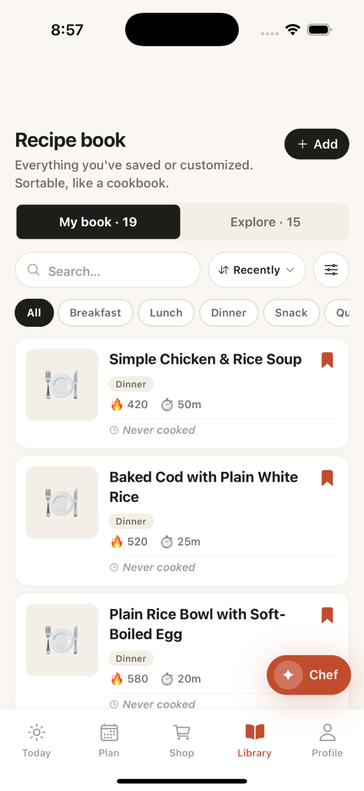 The Library tab, showing browsable recipes with cuisine and diet filters.
