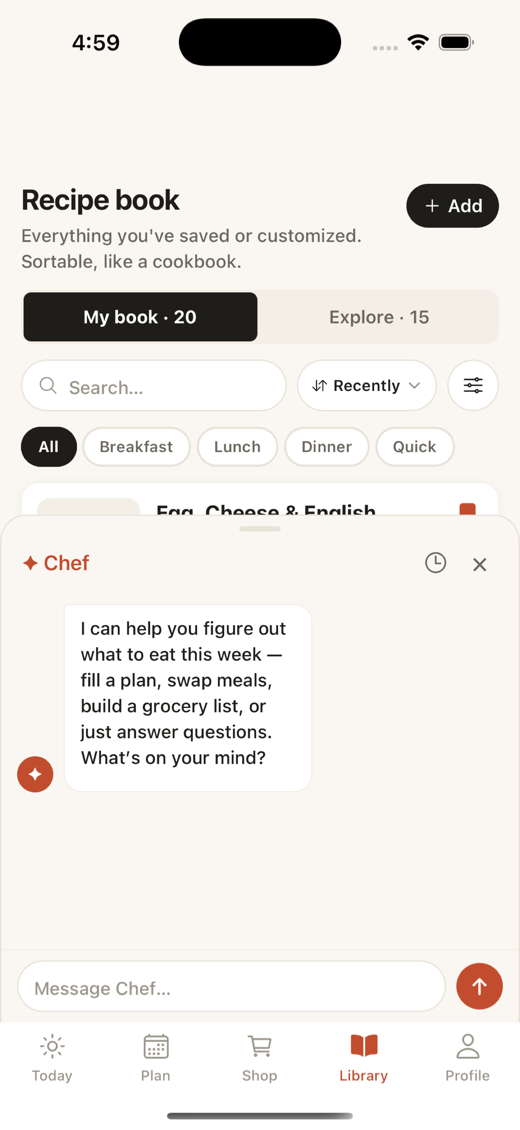 A conversation with Chef, the in-app assistant, adjusting the week's plan.